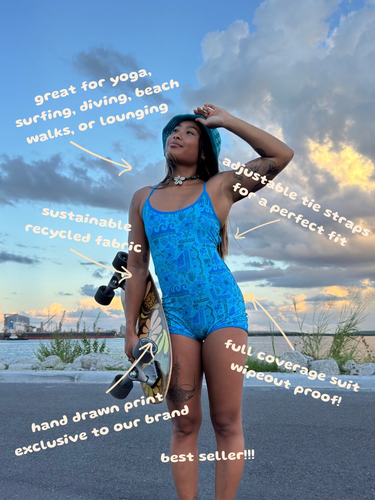 Woman in a blue swimsuit holding a skateboard with text overlay about product features such as the suit being great for yoga,surfing,diving, beach walks and it features recycled fabric