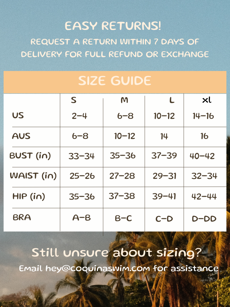 Size guide for clothing with measurements and a tropical background
